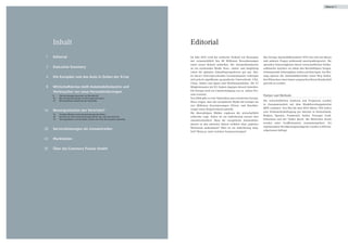 Editorial | 1




     Inhalt                                                                         Editorial
 1   Editorial                                                                      Im Jahr 2012 wird der weltweite Verkauf von Neuwagen          Das Europa Automobilbarometer 2013 hat sich mit diesen
                                                                                    mit voraussichtlich fast 80 Millionen Neuzulassungen          und anderen Fragen umfassend auseinandergesetzt. Die
                                                                                    einen neuen Rekord aufstellen. Die Automobilindustrie         aktuellen Schwierigkeiten dieser wirtschaftlichen Schlüs-
 2   Executive Summary                                                              ist ein wachsender Markt. Kurz-, mittel- und langfristig      selbranche bereiten vor allem den Beschäftigten Sorgen.
                                                                                    sehen die globalen Zukunftsperspektiven gut aus. Hin-         Zehntausende Arbeitsplätze stehen auf dem Spiel. Zur Ret-
 4   Die Europäer und das Auto in Zeiten der Krise                                  ter dieser vielversprechenden Gesamtsituation verbergen       tung müssen die Automobilhersteller einen Weg finden,
                                                                                    sich jedoch signifikante geografische Unterschiede. USA,      den Wünschen einer immer anspruchsvolleren Kundschaft
                                                                                    China, Indien und Japan sind Wachstumsmärkte. Die 27          gerecht zu werden.
 8   Wirtschaftskrise stellt Automobilindustrie und                                 Mitgliedstaaten der EU hinken dagegen derzeit hinterher.
     Verbraucher vor neue Herausforderungen                                         Für Europa wird ein Umsatzrückgang von ca. sieben Pro-
     8	     Gebrauchtwagen gewinnen an Attraktivität
                                                                                    zent erwartet.                                                Partner und Methode
     10	    Wie die Branche wieder an Fahrt gewinnen kann                           Seit 2004 gibt es erste Statistiken zum erweiterten Europa.
     12	    Wirtschaftliche Ansprüche der Haushalte
                                                                                    Diese zeigen, dass der europäische Markt mit weniger als      Die wirtschaftlichen Analysen und Prognosen wurden
                                                                                    vier Millionen Neuzulassungen (Privat- und Nutzfahr-          in Zusammenarbeit mit dem Marktforschungsinstitut
                                                                                    zeuge) einen Negativrekord aufstellt.                         BIPE realisiert. Von Mai bis Juni 2012 führte TNS Sofres
16   Neuorganisation des Vertriebs?                                                                                                               eine Verbraucherbefragung per Internet in Deutschland,
     16 	   Presales-Medium Internet beschleunigt den Markt
                                                                                    Die übersättigten Märkte ergänzen die wirtschaftlich
     18	    Der Reiz am Preis lockt die Kundschaft für den Low-Cost-Vertrieb        schlechte Lage. Daher ist ein Aufschwung zurzeit eher         Belgien, Spanien, Frankreich, Italien, Portugal, Groß-
     19	    Vertragshändler und Verkäufer müssen den Pkw-Kauf attraktiv gestalten
                                                                                    unwahrscheinlich. Muss die europäische Automobilin-           britannien und der Türkei durch. Die Britischen Inseln
                                                                                    dustrie in den nächsten Jahren wirklich ohne jegliches        werden unter Großbritannien zusammengefasst. Als
                                                                                    Wachstum auskommen? Oder ist ein Aufschwung mög-              repräsentative Bevölkerungsstichprobe wurden 4.830 Ein-
28   Serviceleistungen als Umsatztreiber                                                                                                          zelpersonen befragt.
                                                                                    lich? Wenn ja, unter welchen Voraussetzungen?

33   Marktdaten

35   Über die Commerz Finanz GmbH
 