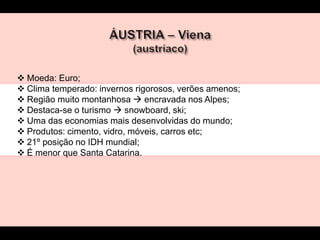  Moeda: Euro;
 Clima temperado: invernos rigorosos, verões amenos;
 Região muito montanhosa  encravada nos Alpes;
 Destaca-se o turismo  snowboard, ski;
 Uma das economias mais desenvolvidas do mundo;
 Produtos: cimento, vidro, móveis, carros etc;
 21º posição no IDH mundial;
 É menor que Santa Catarina.
 