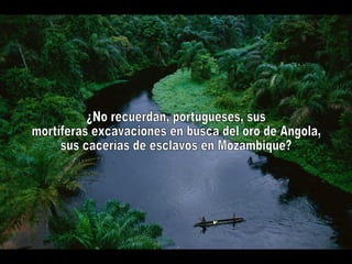 ¿No recuerdan, portugueses, sus mortíferas excavaciones en busca del oro de Angola, sus cacerías de esclavos en Mozambique?  