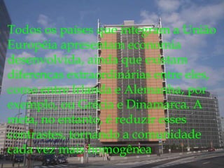 Todos os países que integram a União Européia apresentam economia desenvolvida, ainda que existam diferenças extraordinárias entre eles, como entre Irlanda e Alemanha, por exemplo, ou Grécia e Dinamarca. A meta, no entanto, é reduzir esses contrastes, tornando a comunidade cada vez mais homogênea