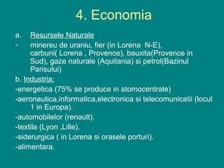 4. Economia
a.   Resursele Naturale
-    minereu de uraniu, fier (in Lorena N-E),
     carbuni( Lorena , Provence), bauxita(Provence in
     Sud), gaze naturale (Aquitania) si petrol(Bazinul
     Parisului)
b. Industria:
-energetica (75% se produce in atomocentrale)
-aeronautica,informatica,electronica si telecomunicatii (locul
     1 in Europa).
-automobilelor (renault).
-textila (Lyon ,Lille).
-siderurgica ( in Lorena si orasele porturi).
-alimentara.
 