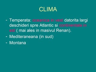 CLIMA
- Temperata: oceanica in vest datorita largi
  deschideri spre Atlantic si continentala in
  est ( mai ales in masivul Renan).
- Mediteraneana (in sud)
- Montana
 