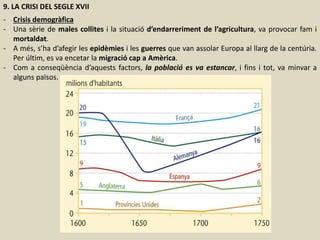9. LA CRISI DEL SEGLE XVII
- Crisis demogràfica
- Una sèrie de males collites i la situació d’endarreriment de l’agricultura, va provocar fam i
mortaldat.
- A més, s’ha d’afegir les epidèmies i les guerres que van assolar Europa al llarg de la centúria.
Per últim, es va encetar la migració cap a Amèrica.
- Com a conseqüència d’aquests factors, la població es va estancar, i fins i tot, va minvar a
alguns països.
 