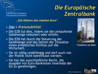 Die Europäische Zentralbank Ziel  =   Preisstabilität   Die EZB tut dies, indem sie die umlaufende Geldmenge reduziert oder erhöht.  Die EZB hat durch die Steuerung der Geldmenge und das Setzen der Zinssätze einen erheblichen Einfluss auf die Wirtschaft.  Sie ist völlig unabhängig und darf auch von der Politik nicht beeinflusst werden. Sie hat das ausschließliche Recht, die Ausgabe von Euro-Banknoten innerhalb der EU zu genehmigen. „ Die Hüterin des stabilen Euro“ Frankfurt am Main 