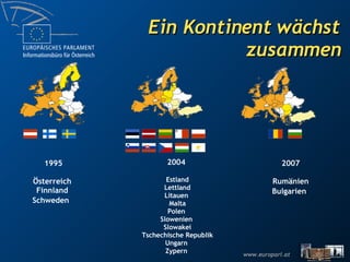 Ein Kontinent wächst zusammen 1995 Österreich  Finnland  Schweden   2004  Estland Lettland Litauen  Malta Polen  Slowenien  Slowakei Tschechische Republik Ungarn  Zypern   2007  Rumänien  Bulgarien   