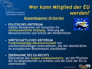 Wer kann Mitglied der EU werden? POLITISCHES KRITERIUM Stabile Demokratie mit Garantien für rechtsstaatliche Ordnung , Wahrung der Menschenrechte und Schutz der Minderheiten  WIRTSCHAFTLICHES KRITERIUM   Funktionsfähige Marktwirtschaft  mit wettbewerbsfähigen Unternehmen, die den Marktkräften im europäischen Binnenmarkt standhalten ÜBERNAHME DES EU-RECHTS Übernahme des  Acquis communautaire , um die Pflichten der EU-Mitgliedschaft zu erfüllen und die Ziele der EU zu unterstützen Kopenhagener Kriterien 