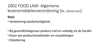 2002 FOOD LAW: Algemene
levensmiddelenverordening (NL: Warenwet)
Doel:
• Verbetering voedselveiligheid;
• Bij gezondheidsg...