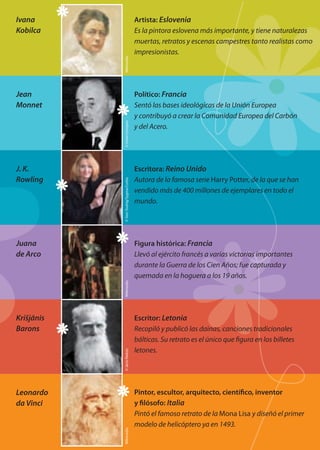 Wikimedia©UniónEuropea©SionTouhig/Sygma/Corbis©JānisRiekstsWikimediaWikimedia
mo
scos.
os
y más
autor
Ivana
Kobilca
Artista: Eslovenia
Es la pintora eslovena más importante, y tiene naturalezas
muertas, retratos y escenas campestres tanto realistas como
impresionistas.
Jean
Monnet
Político: Francia
Sentó las bases ideológicas de la Unión Europea
y contribuyó a crear la Comunidad Europea del Carbón
y del Acero.
J. K.
Rowling
Escritora: Reino Unido
Autora de la famosa serie Harry Potter, de la que se han
vendido más de 400 millones de ejemplares en todo el
mundo.
Juana
de Arco
Figura histórica: Francia
Llevó al ejército francés a varias victorias importantes
durante la Guerra de los Cien Años; fue capturada y
quemada en la hoguera a los 19 años.
Krišjānis
Barons
Escritor: Letonia
Recopiló y publicó las dainas, canciones tradicionales
bálticas. Su retrato es el único que figura en los billetes
letones.
Leonardo
da Vinci
Pintor, escultor, arquitecto, científico, inventor
y filósofo: Italia
Pintó el famoso retrato de la Mona Lisa y diseñó el primer
modelo de helicóptero ya en 1493.
0Faces-ES_3.indd 5 09.10.12 10:47
 