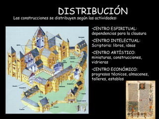 DISTRIBUCIÓN Mª Victoria Landa CENTRO ESPIRITUAL: dependencias para la clausura CENTRO INTELECTUAL: Scriptoria: libros, ideas CENTRO ARTÍSTICO: miniaturas, construcciones, vidrieras CENTRO ECONÓMICO: progresos técnicos, almacenes, talleres, establos  Las construcciones se distribuyen según las actividades: 