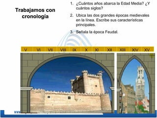 V XIVVI VII VIII IX X XI XII XIII XIV XV
1. ¿Cuántos años abarca la Edad Media? ¿Y
cuántos siglos?
2. Ubica las dos grandes épocas medievales
en la línea. Escribe sus características
principales.
3. Señala la época Feudal.
Trabajamos conTrabajamos con
cronologíacronología
 