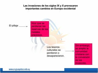 Las invasiones de los siglos IX y X provocaronLas invasiones de los siglos IX y X provocaron
importantes cambios en Europa occidentalimportantes cambios en Europa occidental
El pillaje
Hizo que se
perdieran las
reservas de los
metales
preciosos.
Los tesoros
culturales se
perdieron o
desaparecieron.
Sin embargo,
se amplió la
comunidad
cristiana con
la conversión
de los
invasores.
 