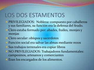 LOS DOS ESTAMENTOS
 PRIVILEGIADOS: Nobleza: compuesto por caballeros
y sus familiares, su función era la defensa del feudo.
 Clero estaba formado por: abades, frailes, monjes y
monjas
 Clero secular: obispos y sacerdotes
 Función social era salvar las almas mediante rezos
 Sus trabajos terrenales era copiar libros
 NO PRIVILEGIADOS: Trabajadores fundamentales:
campesinos, artesanos y comerciantes
 Eran los encargados de los alimentos.
 