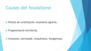 Causes del feudalisme
 Procés de ruralització: economia agrària.
 Fragmentació territorial.
 Invasions: normands, musulmans, hongaresos.
 