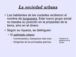 La sociedad urbana
●   Los habitantes de las ciudades recibieron el
    nombre de burgueses. Este nuevo grupo social
    no basaba su posición en la propiedad de la
    tierra, sino en el dinero.
●   Según su riqueza, se distinguen:
    ●   El patriciado urbano:
                      urbano
        –   Comerciantes y banqueros más ricos      Acaparan el
                                                    gobierno de la
        –   Dirigentes de los principales gremios   ciudad
 