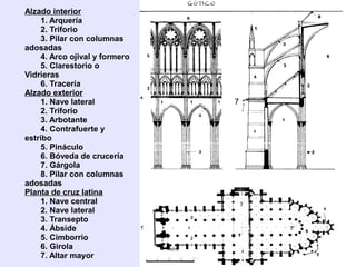 Alzado interior
     1. Arquería
     2. Triforio
     3. Pilar con columnas
adosadas
     4. Arco ojival y formero
     5. Clarestorio o
Vidrieras
     6. Tracería
Alzado exterior
     1. Nave lateral            7
     2. Triforio
     3. Arbotante
     4. Contrafuerte y
estribo
     5. Pináculo
     6. Bóveda de crucería
     7. Gárgola
     8. Pilar con columnas
adosadas
Planta de cruz latina
     1. Nave central
     2. Nave lateral
     3. Transepto
     4. Ábside
     5. Cimborrio
     6. Girola
     7. Altar mayor
 