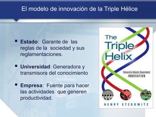 El modelo de innovación de la Triple Hélice
 Estado: Garante de las
reglas de la sociedad y sus
reglamentaciones.
 Unive...