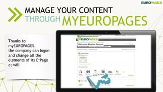 MYEUROPAGES
MANAGE YOUR CONTENT
THROUGH
Thanks to
myEUROPAGES,
the company can logon
and change all the
elements of its E*Page
at will
 