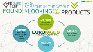 TOOLS
INTERNATIONAL
MARKETING
PRODUCTS
MAKE SURE
SOMEONE IN THE WORLDYOU ARE
WHEN
FOUND IS
LOOKINGFOR
YOUR
Get found
on the web,
internationally
Optimize
your E*Page
content to get
more
visible
Measure
your ROI
Convert
your visitors
into leadsB2B MARKETING SOLUTIONS
 
