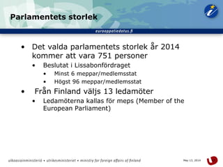 10May 13, 2014
Parlamentets storlek
• Det valda parlamentets storlek år 2014
kommer att vara 751 personer
• Beslutat i Lissabonfördraget
• Minst 6 meppar/medlemsstat
• Högst 96 meppar/medlemsstat
• Från Finland väljs 13 ledamöter
• Ledamöterna kallas för meps (Member of the
European Parliament)
 