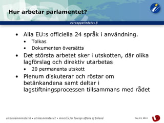 18May 13, 2014
Hur arbetar parlamentet?
• Alla EU:s officiella 24 språk i användning.
• Tolkas
• Dokumenten översätts
• Det största arbetet sker i utskotten, där olika
lagförslag och direktiv utarbetas
• 20 permanenta utskott
• Plenum diskuterar och röstar om
betänkandena samt deltar i
lagstiftningsprocessen tillsammans med rådet
 