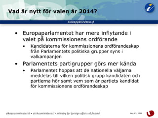 23May 13, 2014
Vad är nytt för valen år 2014?
• Europaparlamentet har mera inflytande i
valet på kommissionens ordförande
• Kandidaterna för kommissionens ordförandeskap
från Parlamentets politiska grupper syns i
valkampanjen
• Parlamentets partigrupper görs mer kända
• Parlamentet hoppas att de nationella väljarna
meddelas till vilken politisk grupp kandidaten och
partierna hör samt vem som är partiets kandidat
för kommissionens ordförandeskap
 