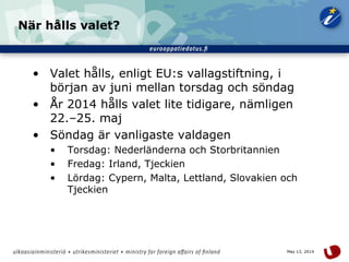 3May 13, 2014
När hålls valet?
• Valet hålls, enligt EU:s vallagstiftning, i
början av juni mellan torsdag och söndag
• År 2014 hålls valet lite tidigare, nämligen
22.–25. maj
• Söndag är vanligaste valdagen
• Torsdag: Nederländerna och Storbritannien
• Fredag: Irland, Tjeckien
• Lördag: Cypern, Malta, Lettland, Slovakien och
Tjeckien
 