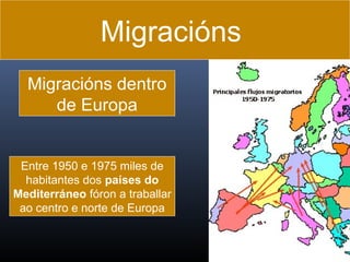 Migracións
Migracións dentro
de Europa

Entre 1950 e 1975 miles de
habitantes dos países do
Mediterráneo fóron a traballar
ao centro e norte de Europa

 