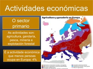 Actividades económicas
O sector
primario
As actividades son:
agricultura, gandaría,
pesca, minería e
explotación forestal
É a actividade económica
que menos persoas
ocupa en Europa: 4%

 