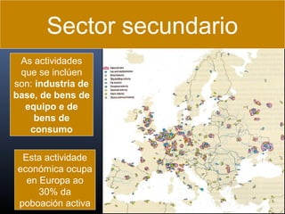 Sector secundario
As actividades
que se inclúen
son: industria de
base, de bens de
equipo e de
bens de
consumo
Esta actividade
económica ocupa
en Europa ao
30% da
poboación activa

 