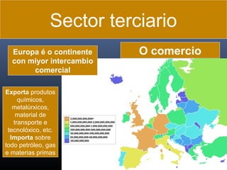 Sector terciario
Europa é o continente
con miyor intercambio
comercial
Exporta produtos
químicos,
metalúrxicos,
material de
transporte e
tecnolóxico, etc.
Importa sobre
todo petróleo, gas
e materias primas

O comercio

 