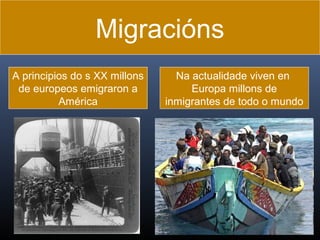 Migracións
A principios do s XX millons
de europeos emigraron a
América

Na actualidade viven en
Europa millons de
inmigrantes de todo o mundo

 