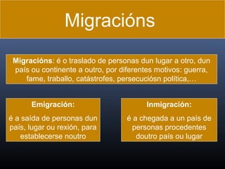 Migracións
Migracións: é o traslado de personas dun lugar a otro, dun
país ou continente a outro, por diferentes motivos: guerra,
fame, traballo, catástrofes, persecuciósn política,…
Emigración:

Inmigración:

é a saída de personas dun
país, lugar ou rexión, para
establecerse noutro

é a chegada a un país de
personas procedentes
doutro país ou lugar

 