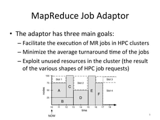 MapReduce	
  Job	
  Adaptor	
  
•  The	
  adaptor	
  has	
  three	
  main	
  goals:	
  
    –  Facilitate	
  the	
  execuEon	
  of	
  MR	
  jobs	
  in	
  HPC	
  clusters	
  
    –  Minimize	
  the	
  average	
  turnaround	
  Eme	
  of	
  the	
  jobs	
  
    –  Exploit	
  unused	
  resources	
  in	
  the	
  cluster	
  (the	
  result	
  
       of	
  the	
  various	
  shapes	
  of	
  HPC	
  job	
  requests)	
  




                                                                                    8	
  
 