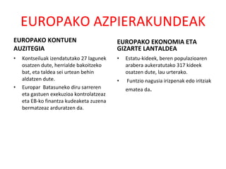 EUROPAKO AZPIERAKUNDEAK EUROPAKO KONTUEN AUZITEGIA Kontseiluak izendatutako 27 lagunek osatzen dute, herrialde bakoitzeko bat, eta taldea sei urtean behin aldatzen dute.  Europar  Batasuneko diru sarreren eta gastuen exekuzioa kontrolatzeaz eta EB-ko finantza kudeaketa zuzena bermatzeaz arduratzen da. EUROPAKO EKONOMIA ETA GIZARTE LANTALDEA Estatu-kideek, beren populazioaren arabera aukeratutako 317 kideek osatzen dute, lau urterako. Funtzio nagusia irizpenak edo iritziak ematea da .  