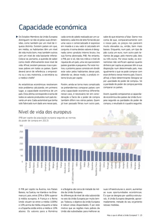 Os Estados‑Membros da União Europeia
distinguem‑se não só pelas suas dimen‑
sões, como também por um nível de ri‑
queza distinto. Existem países em que,
em média, os habitantes têm um nível
de vida muito bom, mas também outros
com um nível de vida bastante inferior.
Coloca‑se, portanto, a questão de saber
como medir efetivamente esse nível de
vida. Afinal, existem pessoas ricas e pes‑
soas pobres em todos os países. Quem
deverá servir de referência: o empresá‑
rio ou o seu motorista, a secretária ou
o médico‑chefe?
As estatísticas económicas resolveram
este problema calculando, em primeiro
lugar, a capacidade económica de um
país. Esta última corresponde à soma de
todos os valores produzidos num país du‑
rante um ano. Cada automóvel que tenha
sido fabricado num dado ano nesse país,
cada corte de cabelo realizado por um ca‑
beleireiro, cada litro de leite fornecido por
uma vaca e comercializado é expresso
em moeda e o seu valor é calculado em
conjunto. A soma destes valores é desig‑
nada como «produto interno bruto» (na
sua forma abreviada, PIB). No entanto,
o PIB, por si só, não nos indica o nível de
riqueza de um país, uma vez que existem
países grandes e pequenos. Por este mo‑
tivo, o próximo passo consiste em dividir
este valor pelos habitantes desse país,
obtendo‑se, desse modo, o produto in‑
terno bruto per capita.
Porém, ainda se torna mais complicado
se pretendermos comparar países com
uma capacidade económica diferente;
nesse caso, é necessário ter em consi‑
deração o facto de o poder de compra
também diferir nos vários países. Quem
já tiver passado férias num outro país,
sabe do que estamos a falar. Damo‑nos
conta de que, comparativamente com
o nosso país, os preços nos parecem
muito elevados ou, então, bem mais
baixos. Enquanto, num país, um tipo de
pão custa um euro, num outro país te‑
ríamos de pagar, pelo mesmo pão, dois
ou três euros. Por essa razão, os eco‑
nomistas não verificam apenas quanto
dinheiro per capita as pessoas têm à sua
disposição num determinado país, mas
igualmente o que se pode comprar com
esse dinheiro nesse mesmo país. Esse é,
afinal, o fator determinante. Designa‑se
por «paridade do poder de compra». Só
a paridade do poder de compra permite
comparar os países.
Assim, quando comparamos a capacida‑
de económica dos países da União Euro‑
peia segundo as paridades do poder de
compra, o resultado é o quadro seguinte.
Capacidade económica
O PIB per capita na Áustria, nos Países
Baixos, na Suécia, na Irlanda e na Dina‑
marca é, pois, entre 25% e 30% superior
à média europeia. A França e o Reino
Unido situam‑se entre a média (100%)
e 10% acima da média, enquanto a Itália
e a Espanha estão entre a média e 10%
abaixo. Os valores para a Roménia
e a Bulgária são cerca de metade da mé‑
dia da União Europeia.
As diferenças de nível de vida subsistirão
no seio da União Europeia por muito tem‑
po. Todavia, o objetivo da União Europeia
é reduzir estas disparidades. É por este
motivo que as regiões mais pobres da
União são subsidiadas: para melhorar as
suas infraestruturas e, assim, aumentar
as suas oportunidades económicas.
É o que se designa por «política estrutu‑
ral». A União Europeia despende, aproxi‑
madamente, metade do seu orçamento
nessas medidas.
Nível de vida dos europeus
(PIB per capita da população europeia segundo as normas
do poder de compra em 2013)
0
50
100
150
200
250
300
Luxemburgo
Áustria
Países
Baixos
Suécia
Irlanda
Dinamarca
Alemanha
Bélgica
Finlândia
França
Área
do
euro
Reino
Unido
UE
(28
Estados-Membros)
Itália
Espanha
Malta
Chipre
Eslovénia
República
Checa
Eslováquia
Grécia
Portugal
Lituânia
Estónia
Polónia
Hungria
Letónia
Croácia
Roménia
Bulgária
Mas o que é afinal a União Europeia? | 13
 