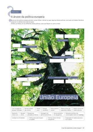 União Europeia
Exercício
A árvore da política europeia
Na árvore da política europeia existem muitas folhas. Indicam‑se aqui algumas áreas políticas, nas quais os Estados‑Membros
cooperam no âmbito da União Europeia.
Ordene as folhas com as diferentes áreas políticas, para que fiquem no ramo correto.
Livre circulação de
pessoas (Schengen)
Desenvolvi‑
mento rural
Combate à criminalidade
Normais ambien‑
tais comuns
Mercado
interno
Moeda
única
Redução das
alterações climáticas
Política estrutural de apoio
às regiões
Energias
renováveis
Rotulagem dos
géneros alimentícios
Política externa
comum
Normas alimenta‑
res obrigatórias
Normas sociais mínimas
obrigatórias
Política comum em
matéria de asilo
Política comum de
segurança e defesa
Redução do tarifário das
comunicações móveis em roaming
Cooperação em matéria processos
civis e penais
©Istock
Política externa
Justiça e assuntos internos
Política agrícola e estrutural
Proteção do ambiente
Defesa do consumidor
Política económica
O que faz exatamente a União Europeia? | 33
 