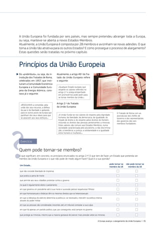 «RESOLVIDOS a consolidar, pela
união dos seus recursos, a defesa
da paz e da liberdade e apelando
para os outros povos da Europa que
partilham dos seus ideais para que
se associem aos seus esforços.»
«A União funda‑se nos valores do respeito pela dignidade
humana, da liberdade, da democracia, da igualdade, do
Estado de direito e do respeito pelos direitos do Homem,
incluindo os direitos das pessoas pertencentes a minorias.
Estes valores são comuns aos Estados‑Membros, numa
sociedade caracterizada pelo pluralismo, a não discrimina‑
ção, a tolerância, a justiça, a solidariedade e a igualdade
entre homens e mulheres.»
«Qualquer Estado europeu que
respeite os valores referidos no
artigo 2.º e esteja empenhado
em promovê‑los pode pedir para
se tornar membro da União.»
Do «preâmbulo», ou seja, da in‑
trodução dos Tratados de Roma,
celebrados em 1957, que insti‑
tuíram a Comunidade Económica
Europeia e a Comunidade Euro‑
peia da Energia Atómica, cons‑
tava já o seguinte:
Princípios da União Europeia
Atualmente, o artigo 49.º do Tra‑
tado da União Europeia refere
o seguinte:
Artigo 2.º do Tratado
da União Europeia:
O Tratado de Roma com as
assinaturas dos chefes de
Governo e dos representantes
dos governos dos seis
membros fundadores.
A União Europeia foi fundada por seis países, mas sempre pretendeu abranger toda a Europa,
ou seja, manteve‑se aberta a novos Estados‑Membros.
Atualmente, a União Europeia é composta por 28 membros e avizinham‑se novas adesões. O que
torna a União tão atrativa para os outros Estados? E como prossegue o processo de alargamento?
Estas questões serão tratadas no próximo capítulo.
Exercício
Quem pode tornar‑se membro?
O que significam, em concreto, os princípios enunciados no artigo 2.º? O que tem de fazer um Estado que pretenda ser
membro da União Europeia e o que não pode de modo algum fazer? Qual é a sua opinião?
Um Estado...
pode tornar-se
membro da UE
não pode tornar-se
membro da UE
que não concede liberdade de imprensa
que pratica a pena de morte
que permite aos seus cidadãos protestar contra o governo
no qual é regularmente eleito o parlamento
em que governa um presidente até à sua morte e sucessão pelo(a) respetivo(a) filho(a)
em que homossexuais e lésbicas têm os mesmos direitos que os heterossexuais
em que a liderança do exército determina a política e, se necessário, intervém na política interna
através do poder militar
em que as pessoas são consideradas inocentes até um tribunal constatar a sua culpa
em que há apenas um partido político, que, por conseguinte, está sempre no governo
que protege as minorias, mesmo que a maioria gostasse de exercer mais pressão sobre as minorias
©EU
A Europa avança: o alargamento da União Europeia | 35
 