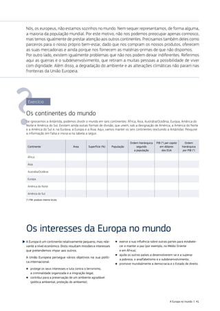 Nós, os europeus, não estamos sozinhos no mundo. Nem sequer representamos, de forma alguma,
a maioria da população mundial. Por este motivo, não nos podemos preocupar apenas connosco,
mas temos igualmente de prestar atenção aos outros continentes. Precisamos também deles como
parceiros para o nosso próprio bem‑estar, dado que nos compram os nossos produtos, oferecem
as suas mercadorias e ainda porque nos fornecem as matérias‑primas de que não dispomos.
Por outro lado, existem igualmente problemas que não nos podem deixar indiferentes. Referimos
aqui as guerras e o subdesenvolvimento, que retiram a muitas pessoas a possibilidade de viver
com dignidade. Além disso, a degradação do ambiente e as alterações climáticas não param nas
fronteiras da União Europeia.
Os interesses da Europa no mundo
A Europa é um continente relativamente pequeno, mas rele‑
vante a nível económico. Disto resultam missões e interesses
que pretendemos impor aos outros.
A União Europeia persegue vários objetivos na sua políti­
ca internacional:
■
■ protege os seus interesses e luta contra o terrorismo,
a criminalidade organizada e a imigração ilegal;
■
■ contribui para a preservação de um ambiente agradável
(política ambiental, proteção do ambiente);
■
■ exerce a sua influência sobre outras partes para estabele‑
cer e manter a paz (por exemplo, no Médio Oriente
e em África);
■
■ ajuda os outros países a desenvolverem‑se e a superar
a pobreza, o analfabetismo e o subdesenvolvimento;
■
■ promove mundialmente a democracia e o Estado de direito.
Exercício
Os continentes do mundo
Se ignorarmos a Antártida, podemos dividir o mundo em seis continentes: África, Ásia, Austrália/Oceânia, Europa, América do
Norte e América do Sul. Existem ainda outras formas de divisão, que unem, sob a designação de América, a América do Norte
e a América do Sul e, na Eurásia, a Europa e a Ásia. Aqui, vamos manter os seis continentes (excluindo a Antártida). Pesquise
a informação em falta e insira‑a na tabela a seguir.
Continente Área Superfície (%) População
Ordem hierárquica
segundo
a população
PIB (*) per capita
em dólares
dos EUA
Ordem
hierárquica
por PIB (*)
África
Ásia
Austrália/Oceânia
Europa
América do Norte
América do Sul
(*) PIB: produto interno bruto.
A Europa no mundo | 41
 