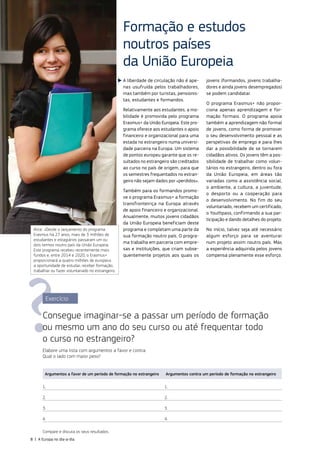 A liberdade de circulação não é ape‑
nas usufruída pelos trabalhadores,
mas também por turistas, pensionis‑
tas, estudantes e formandos.
Relativamente aos estudantes, a mo‑
bilidade é promovida pelo programa
Erasmus+ da União Europeia. Este pro‑
grama oferece aos estudantes o apoio
financeiro e organizacional para uma
estada no estrangeiro numa universi‑
dade parceira na Europa. Um sistema
de pontos europeu garante que os re‑
sultados no estrangeiro são creditados
ao curso no país de origem, para que
os semestres frequentados no estran‑
geiro não sejam dados por «perdidos».
Também para os formandos promo‑
ve o programa Erasmus+ a formação
transfronteiriça na Europa através
de apoio financeiro e organizacional.
Anualmente, muitos jovens cidadãos
da União Europeia beneficiam deste
programa e completam uma parte da
sua formação noutro país. O progra‑
ma trabalha em parceria com empre‑
sas e instituições, que criam subse‑
quentemente projetos aos quais os
jovens (formandos, jovens trabalha‑
dores e ainda jovens desempregados)
se podem candidatar.
O programa Erasmus+ não propor‑
ciona apenas aprendizagem e for‑
mação formais. O programa apoia
também a aprendizagem não formal
de jovens, como forma de promover
o seu desenvolvimento pessoal e as
perspetivas de emprego e para lhes
dar a possibilidade de se tornarem
cidadãos ativos. Os jovens têm a pos‑
sibilidade de trabalhar como volun‑
tários no estrangeiro, dentro ou fora
da União Europeia, em áreas tão
variadas como a assistência social,
o ambiente, a cultura, a juventude,
o desporto ou a cooperação para
o desenvolvimento. No fim do seu
voluntariado, recebem um certificado,
o Youthpass, confirmando a sua par‑
ticipação e dando detalhes do projeto.
No início, talvez seja até necessário
algum esforço para se aventurar
num projeto assim noutro país. Mas
a experiência adquirida pelos jovens
compensa plenamente esse esforço.
Formação e estudos
noutros países
da União Europeia
Alice: «Desde o lançamento do programa
Erasmus há 27 anos, mais de 3 milhões de
estudantes e estagiários passaram um ou
dois termos noutro país da União Europeia.
Este programa recebeu recentemente mais
fundos e, entre 2014 e 2020, o Erasmus+
proporcionará a quatro milhões de europeus
a oportunidade de estudar, receber formação,
trabalhar ou fazer voluntariado no estrangeiro.
Exercício
Consegue imaginar‑se a passar um período de formação
ou mesmo um ano do seu curso ou até frequentar todo
o curso no estrangeiro?
Elabore uma lista com argumentos a favor e contra.
Qual o lado com maior peso?
Argumentos a favor de um período de formação no estrangeiro Argumentos contra um período de formação no estrangeiro
1. 1.
2. 2.
3. 3.
4. 4.
Compare e discuta os seus resultados.
8 | A Europa no dia‑a‑dia
 