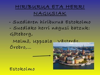 HIRIBURUA ETA HERRI
       NAGUSIAK
- Suediaren hiriburua Estokolmo
- Suediako herri nagusi batzuk:
Göteborg,
  Malmö, Uppsala , Västerás,
Örebro,…



Estokolmo
 