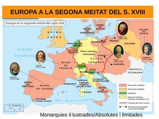 EUROPA A LA SEGONA MEITAT DEL S. XVIII
Monarquies il·lustrades/Absolutes i limitades
 