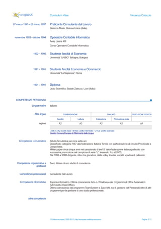 Curriculum Vitae Vincenzo Coluccio
COMPETENZE PERSONALI
© Unione europea, 2002-2013 | http://europass.cedefop.europa.eu Pagina 2 / 3
07 marzo 1995 – 06 marzo 1997 Praticante Consulente del Lavoro
Coluccio Mario, Gioiosa Ionica (Italia)
novembre 1993 – ottobre 1994 Operatore Contabile Informatico
Anap Leone XIII
Corso Operatore Contabile Informatico
1992 – 1992 Studente facoltà di Economia
Università “UNIBO” Bologna, Bologna
1991 – 1991 Studente facoltà Economia e Commercio
Università “La Sapienza”, Roma
1991 – 1991 Diploma
Liceo Scientifico Statale Zaleuco, Locri (Italia)
Lingua madre italiano
Altre lingue COMPRENSIONE PARLATO PRODUZIONE SCRITTA
Ascolto Lettura Interazione Produzione orale
inglese A2 A2 A2 A2 A1
Livelli:A1/A2: Livello base - B1/B2: Livello intermedio - C1/C2: Livello avanzato
Quadro Comune Europeo di Riferimento delle Lingue
Competenze comunicative Attività Scoutistica per circa sette ani;
Classificato categoria “NC” alla federazione Italiana Tennis con partecipazione al circuito Provinciale e
Coppa Italia;
Militanza per circa cinque anni nel campionato di seri”d” della federazione italiana pallavolo con
successiva promozione nel campiona di serie “c”, tesserato fino al 2000;
Dal 1998 al 2000 dirigente, oltre che giocatore, della volley libertas, società sportiva di pallavolo;
Competenze organizzative e
gestionali
Sono titolare di uno studio di consulenza
Competenze professionali Consulente del Lavoro
Competenze informatiche Esperto informatico. Ottima conoscenza del s.o. Windows e dei programmi di Office Automation
(Microsoft e OpenOffice).
Ottima conoscenza dei programmi TeamSystem e Zucchetti, sw di gestione del Personale oltre di altri
programmi per la gestione di uno studio professionale.
Altre competenze
 