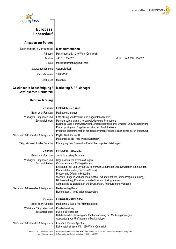 Cv Europass Vorlage