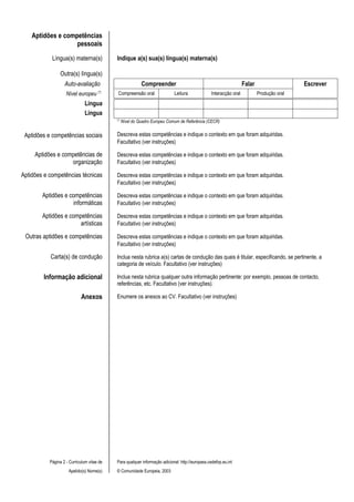Aptidões e competências
                   pessoais

            Língua(s) materna(s)            Indique a(s) sua(s) língua(s) materna(s)

                Outra(s) língua(s)
                   Auto-avaliação                           Compreender                                             Falar                   Escrever
                                      (*)
                    Nível europeu            Compreensão oral                Leitura              Interacção oral           Produção oral
                              Lingua
                              Lingua
                                            (*)
                                                  Nível do Quadro Europeu Comum de Referência (CECR)


 Aptidões e competências sociais            Descreva estas competências e indique o contexto em que foram adquiridas.
                                            Facultativo (ver instruções)

     Aptidões e competências de             Descreva estas competências e indique o contexto em que foram adquiridas.
                   organização              Facultativo (ver instruções)

Aptidões e competências técnicas            Descreva estas competências e indique o contexto em que foram adquiridas.
                                            Facultativo (ver instruções)

        Aptidões e competências             Descreva estas competências e indique o contexto em que foram adquiridas.
                     informáticas           Facultativo (ver instruções)

        Aptidões e competências             Descreva estas competências e indique o contexto em que foram adquiridas.
                       artísticas           Facultativo (ver instruções)

 Outras aptidões e competências             Descreva estas competências e indique o contexto em que foram adquiridas.
                                            Facultativo (ver instruções)

           Carta(s) de condução             Inclua nesta rubrica a(s) cartas de condução das quais é titular, especificando, se pertinente, a
                                            categoria de veículo. Facultativo (ver instruções)

        Informação adicional                Inclua nesta rubrica qualquer outra informação pertinente: por exemplo, pessoas de contacto,
                                            referências, etc. Facultativo (ver instruções).

                            Anexos          Enumere os anexos ao CV. Facultativo (ver instruções)




           Página 2 - Curriculum vitae de   Para qualquer informação adicional: http://europass.cedefop.eu.int
                     Apelido(s) Nome(s)     © Comunidade Europeia, 2003
 