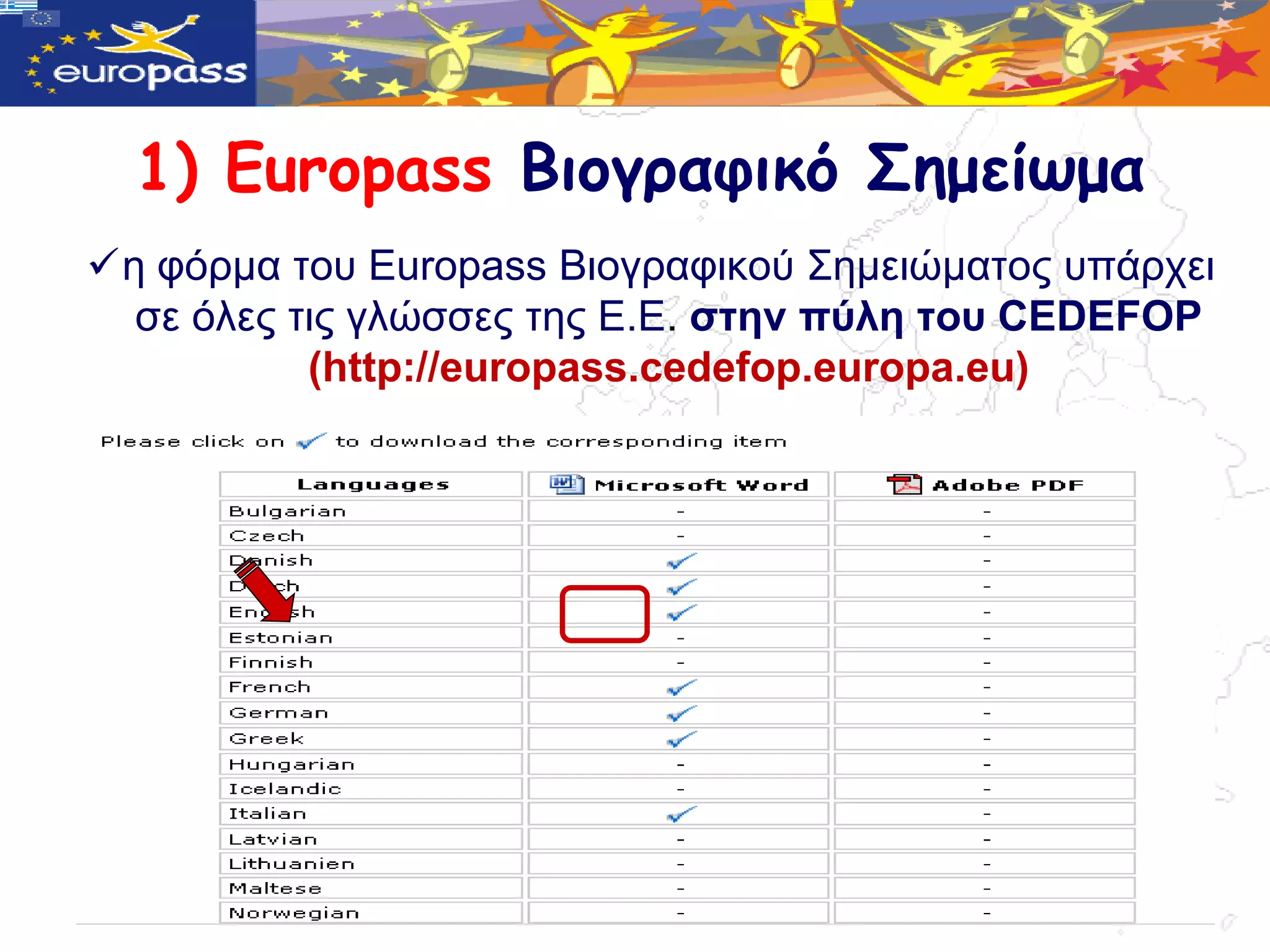 1) Europass Βιογραυικό Σημείωμα
ε θόξκα ηνπ Europass Βηνγξαθηθνύ ΢εκεηώκαηνο ππάξρεη
  ζε όιεο ηηο γιώζζεο ηεο Δ.Δ. ζηελ πύιε ηνπ CEDEFOP
           (http://europass.cedefop.europa.eu)
 