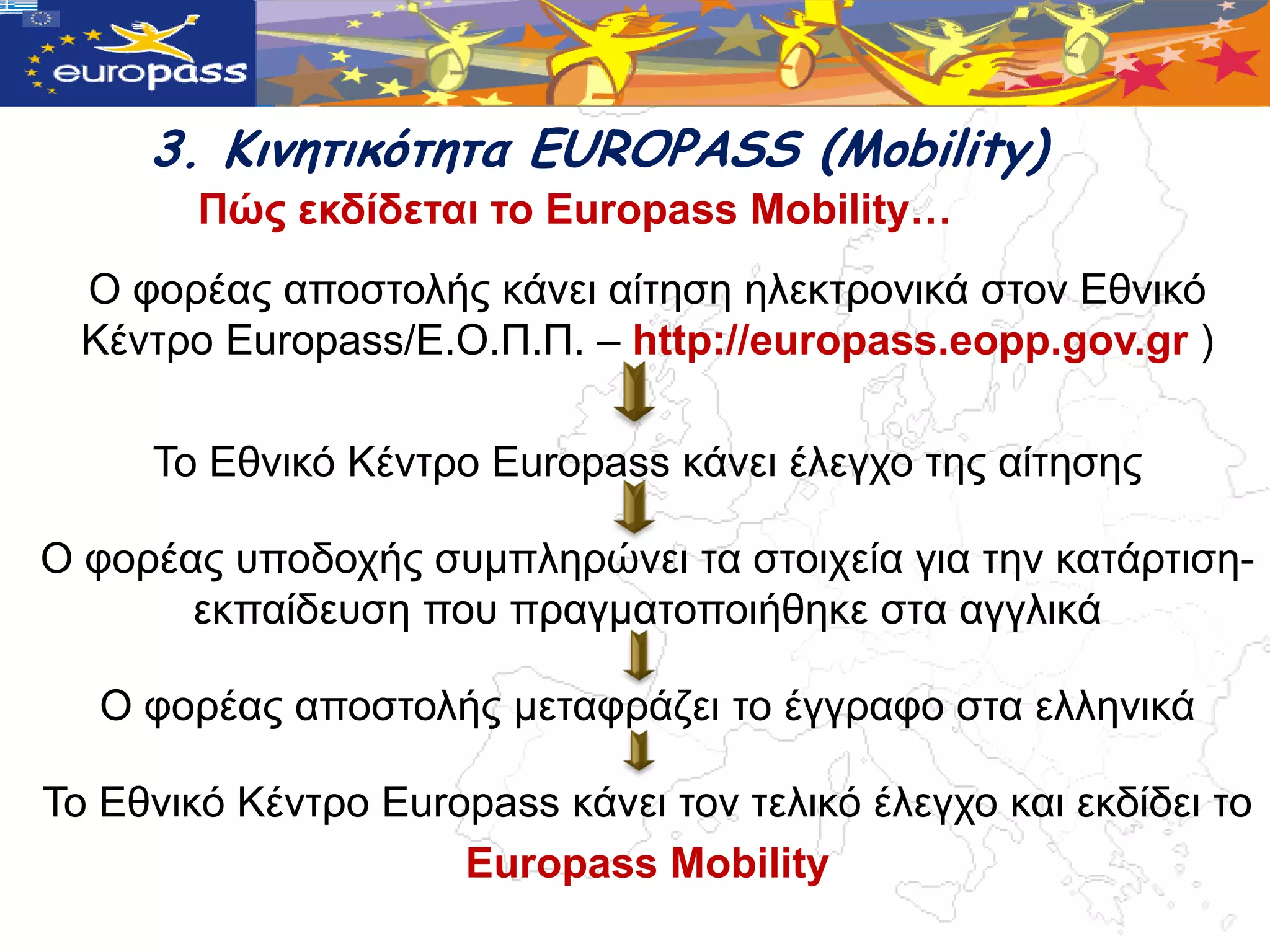 3. Κιμητικότητα EUROPASS (Mobility)
        Πώο εθδίδεηαη ην Europass Mobility…
  Ο θνξέαο απνζηνιήο θάλεη αίηεζε ειεθηξνληθά ζηνλ Δζληθό
  Κέληξν Europass/Δ.Ο.Π.Π. – http://europass.eopp.gov.gr )

     Σν Δζληθό Κέληξν Europass θάλεη έιεγρν ηεο αίηεζεο

Ο θνξέαο ππνδνρήο ζπκπιεξώλεη ηα ζηνηρεία γηα ηελ θαηάξηηζε-
       εθπαίδεπζε πνπ πξαγκαηνπνηήζεθε ζηα αγγιηθά

   Ο θνξέαο απνζηνιήο κεηαθξάδεη ην έγγξαθν ζηα ειιεληθά

Σν Δζληθό Κέληξν Europass θάλεη ηνλ ηειηθό έιεγρν θαη εθδίδεη ην
                     Europass Mobility
 