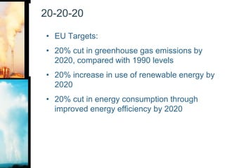 20-20-20EU Targets:20% cut in greenhouse gas emissions by 2020, compared with 1990 levels20% increase in use of renewable energy by 202020% cut in energy consumption through improved energy efficiency by 2020