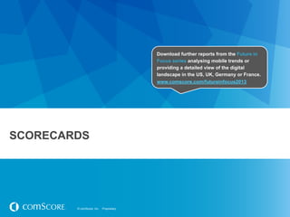 Download further reports from the Future in
                                          Focus series analysing mobile trends or
                                          providing a detailed view of the digital
                                          landscape in the US, UK, Germany or France.
                                          www.comscore.com/futureinfocus2013




SCORECARDS




        © comScore, Inc.   Proprietary.
 