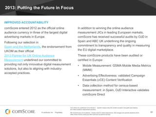 2013: Putting the Future in Focus


IMPROVED ACCOUNTABILITY
comScore entered 2012 as the official online                                In addition to winning the online audience
audience currency in three of the largest digital                           measurement JICs in leading European markets,
advertising markets in Europe.                                              comScore has received successful audits by OJD in
Following our selection in                                                  Spain and ABC UK underlining the ongoing
Spain and the Netherlands, the endorsement from                             commitment to transparency and quality in measuring
UKOM as their official                                                      the EU digital marketplace.
2013 Partner for UK Online Audience                                         These comScore products have been audited or
Measurement underlined our committed to                                     certified in Europe:
providing not only innovative digital measurement                           •        Mobile Measurement: GSMA Mobile Media Metrics
solutions, but also to aligning with industry-                                       (MMM)
accepted practices.
                                                                            •        Advertising Effectiveness: validated Campaign
                                                                                     Essentials (vCE) Content Verification
                                                                            •        Data collection method for census-based
                                                                                     measurement: in Spain, OJD Interactive validates
                                                                                     comScore Direct



                                                               OJD (Oficina de Justificación de la Difusión) - Spanish industry body that verifies circulation and audits web analytics
                                                               and online audience measurement solutions.

                             © comScore, Inc.   Proprietary.   ABC (Audit Bureau of Circulations) - industry body for media measurement, that manages and upholds standards which         81
                                                               reflect media industry needs and offers audit and compliance services
 