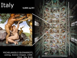 Italy
MICHELANGELO BUONARROTI,
ceiling, Sistine Chapel, 1508–
1512. Fig. 9-10.
5,800 sq.ft!!
131’
43’
 
